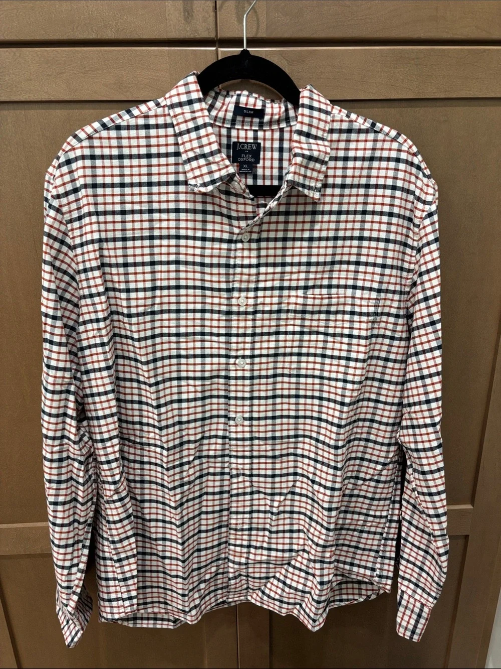 J. Crew Men’s Slim Fit White Red and Navy Plaid Button-Up Shirt